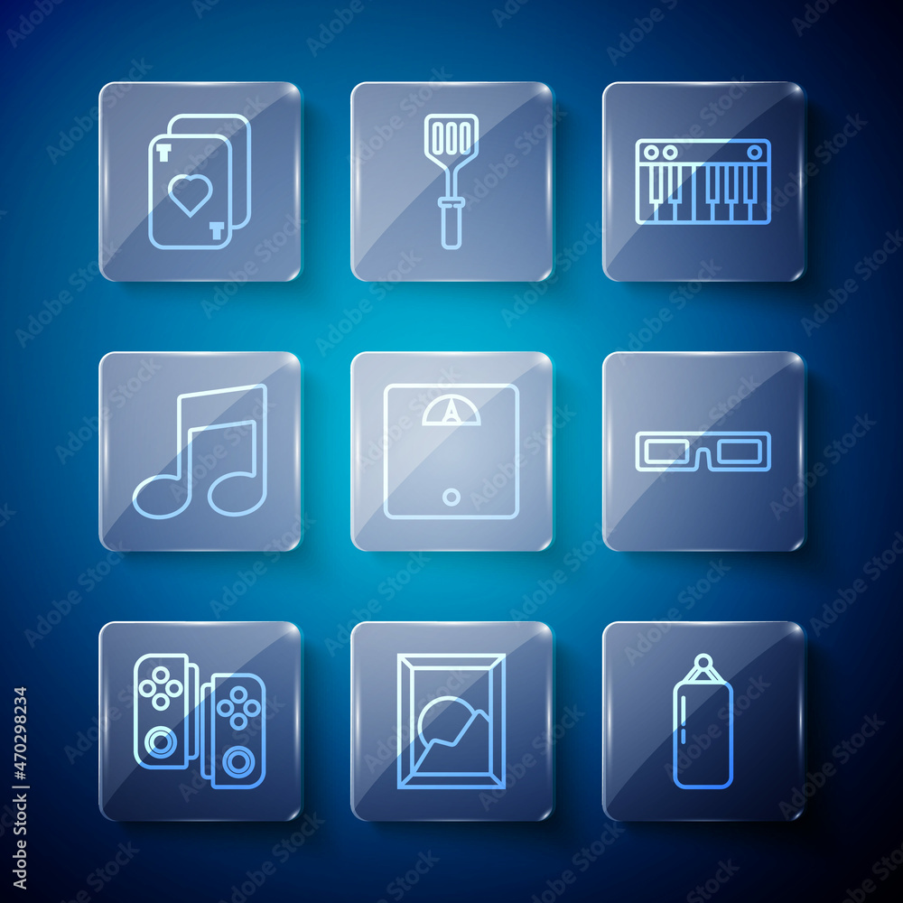 Set line Gamepad, Picture landscape, Punching bag, Music synthesizer, Bathroom scales, note, tone, Playing cards and Cinema glasses icon. Vector Set line Gamepad, Picture landscape, Punching bag, Music synthesizer, Bathroom scales, note, tone, Playing cards and Cinema glasses icon. Vector
