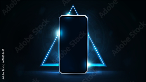 Smartphone mock up in dark scene with blue hologram neon triangle border on background