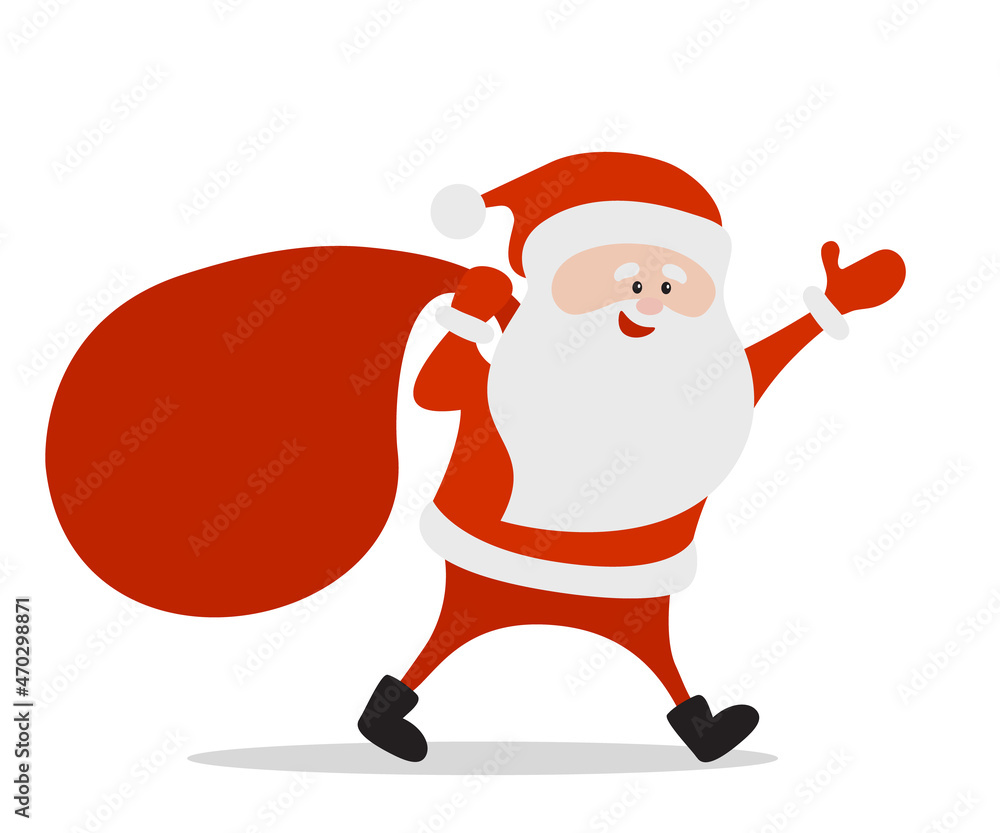 Happy Santa Claus runs with a bag of gifts for children. Christmas vector illustration. Happy Santa Claus runs with a bag of gifts for children. Christmas vector illustration.