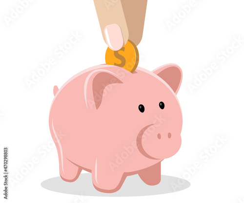 Piggy bank with coin vector illustration. Saving, investing and accumulation money. Pig in a flat style.