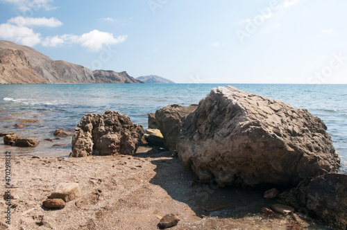 Landscape view of Black Sea coast near Koktebel resort with huge boulders on the beach, Crimea, Russian Federation