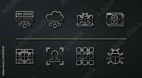 Set line Server, Data, Web Hosting, Shield with brick wall, Browser incognito window, Graphic password protection, Face recognition, Internet of things, System bug and monitor icon. Vector