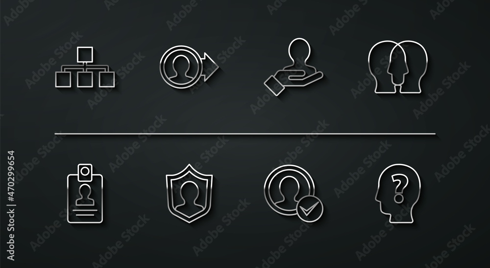 Set line Hierarchy organogram chart, Identification badge, Project team base, Create account screen, User protection, Head with question mark and Hand for search people icon. Vector Set line Hierarchy organogram chart, Identification badge, Project team base, Create account screen, User protection, Head with question mark and Hand for search people icon. Vector