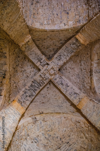 Ceiling of the Romanesque Chapel of Saint Grysogonus near  Milohnici village on Krk island, Croatia. Dating from 11th-12th century, it is one of only two churches of the cruciform four-leafed kind sti
