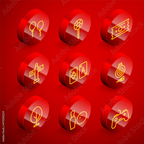 Set line Balloons, Lollipop, Ticket, Road traffic signpost, Tarot cards, Classic dart board and arrow, Tree and Bowling pin ball icon. Vector