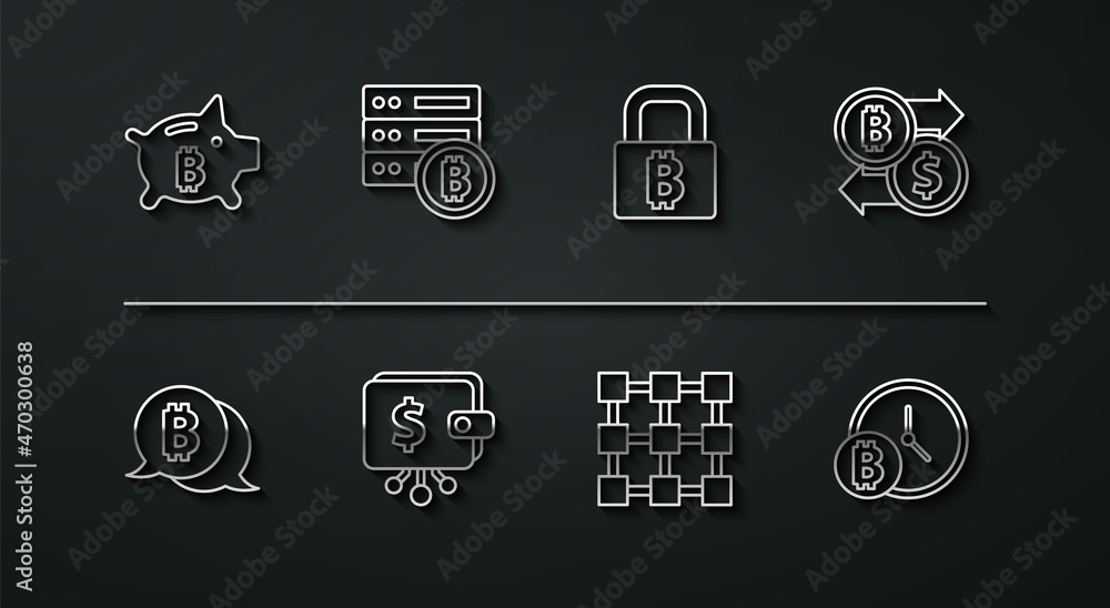 Set line Piggy bank bitcoin, Bitcoin, Cryptocurrency exchange, Blockchain technology, wallet, Server, with clock and Lock icon. Vector Set line Piggy bank bitcoin, Bitcoin, Cryptocurrency exchange, Blockchain technology, wallet, Server, with clock and Lock icon. Vector