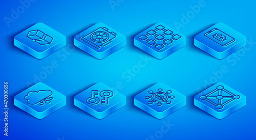 Set line Blockchain technology, Video graphic card, Cryptocurrency key, Bitcoin, Mining bitcoin from mobile, cloud mining and icon. Vector