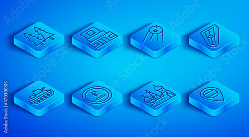 Set line Christmas tree, Mausoleum of Lenin, Satellite, Rouble, ruble currency, Saint Basil's Cathedral, Kankles, Military tank and Location Russia icon. Vector