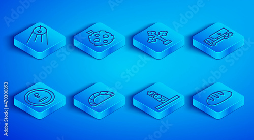 Set line Satellite, Moon with flag, Christian cross, Dumpling, Slavic pagan idol, Tanker truck, Rouble, ruble currency and Bread loaf icon. Vector