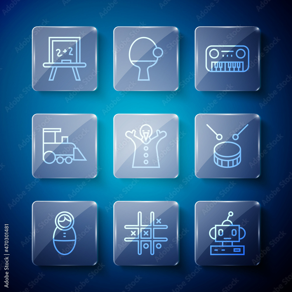 Set line Tumbler doll toy, Tic tac toe game, Robot, Toy piano, puppet on hand, train, Chalkboard and Drum with drum sticks icon. Vector Set line Tumbler doll toy, Tic tac toe game, Robot, Toy piano, puppet on hand, train, Chalkboard and Drum with drum sticks icon. Vector