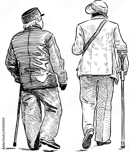 Outline drawing of couple elderly citizens with walking canes strolling outdoors