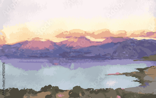 Vector watercolor drawing of landscape mountain lakeside in sunset