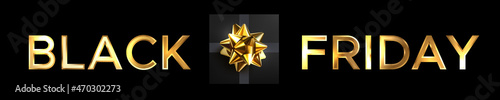 Black Friday banner. Shiny golden words Black Friday with black gift box with gold bow on black background