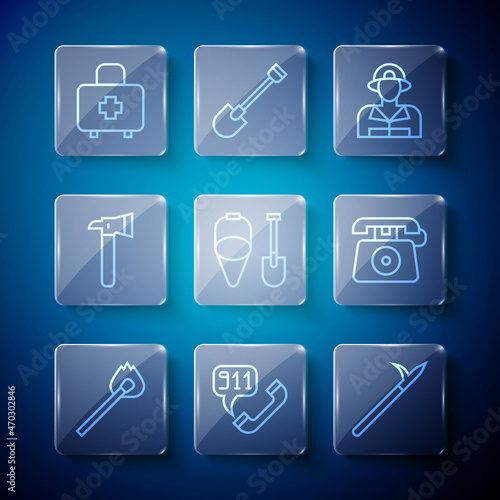 Set line Burning match with fire, Telephone call 911, Metal pike pole, Firefighter, shovel and bucket, axe, First aid kit and icon. Vector