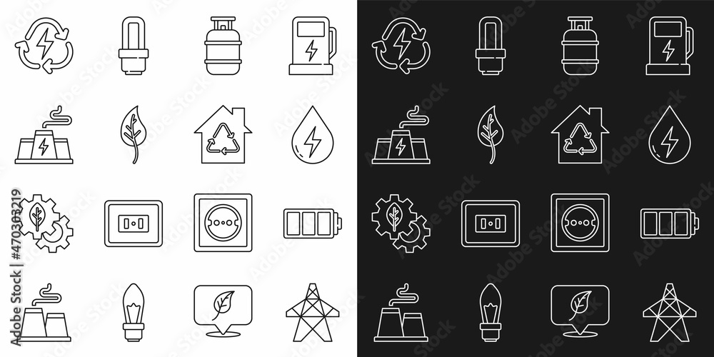 Set line Electric tower, Battery, Water energy, Propane gas tank, Leaf or leaves, Power station plant factory, with recycle and Eco House recycling icon. Vector Set line Electric tower, Battery, Water energy, Propane gas tank, Leaf or leaves, Power station plant factory, with recycle and Eco House recycling icon. Vector
