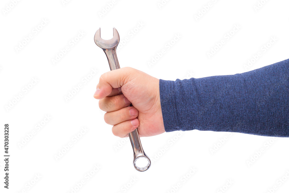 A man's hand holds a wrench, isolated on a white background. A man's hand holds a wrench, isolated on a white background.
