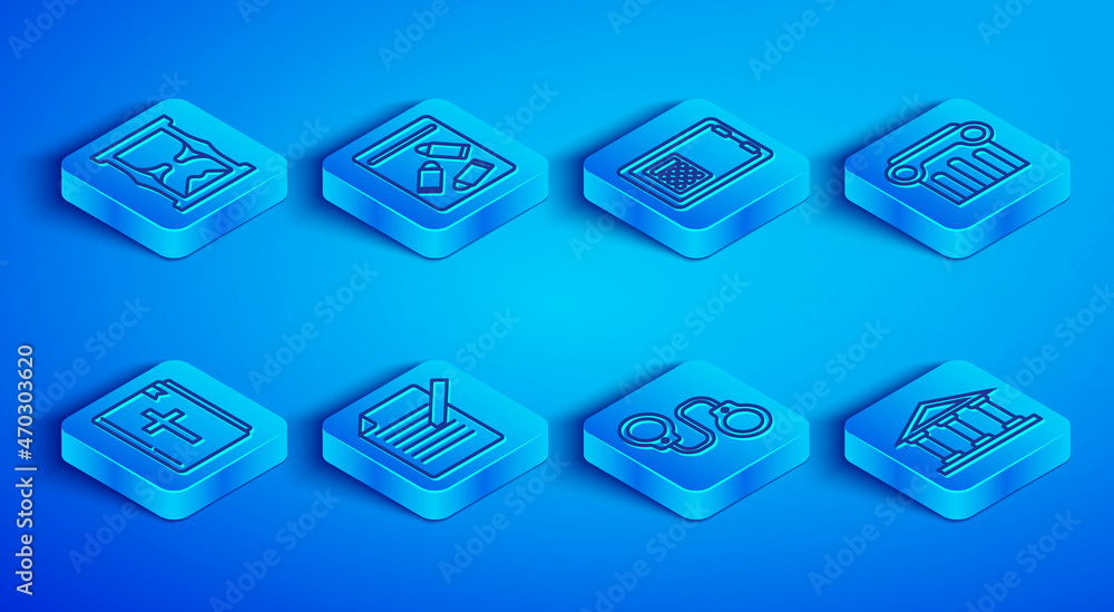 Set line Old hourglass, Evidence bag and bullet, Safe, Document pen, Handcuffs, Law pillar, Holy bible book and Courthouse building icon. Vector Set line Old hourglass, Evidence bag and bullet, Safe, Document pen, Handcuffs, Law pillar, Holy bible book and Courthouse building icon. Vector