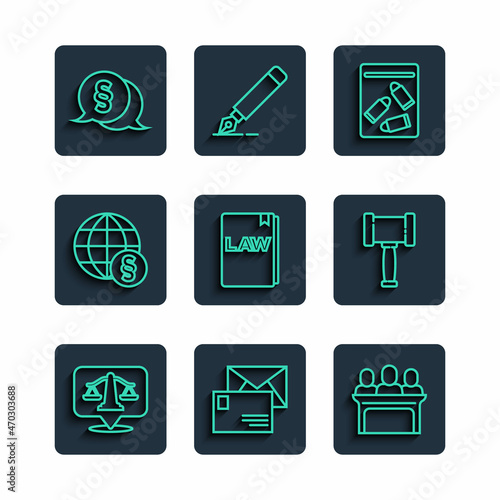 Set line Scales of justice, Envelope, Jurors, Evidence bag and bullet, Law book, International law, and Judge gavel icon. Vector