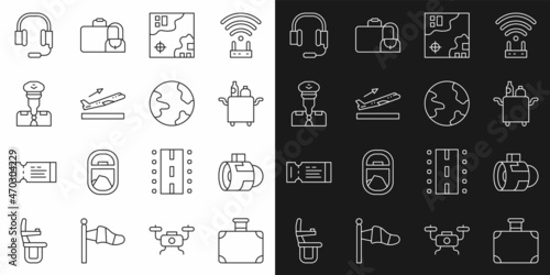 Set line Suitcase, Jet engine turbine, Trolley for food, World travel map, Plane takeoff, Pilot, Headphones with microphone and Worldwide icon. Vector