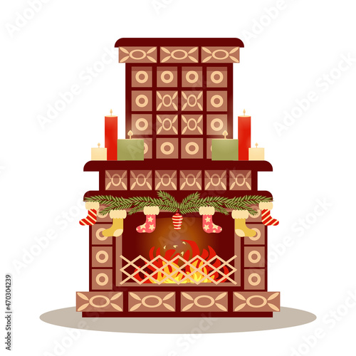 Christmas fireplace decorated with a garland with socks and candles. Beautiful fireplace with tiles. Happy new year decoration. Winter holiday and xmas celebration. Vector illustration cartoon style