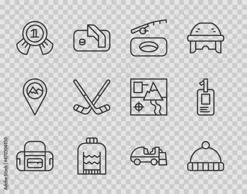 Set line Sport bag, Winter hat, fishing, Christmas sweater, Medal, Ice hockey sticks, resurfacer and Identification badge icon. Vector