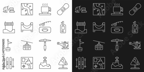 Set line Road sign avalanches, Rescue helicopter, Identification badge, Hot chocolate cup, Skate park, Ribbon in finishing line, Snowmobile and Winter fishing icon. Vector