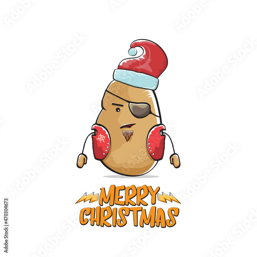 vector rock star Santa Claus potato funny cartoon cute character with red Santa hat and calligraphic merry Christmas text isolated on white background. Rock n roll funky Christmas party banner