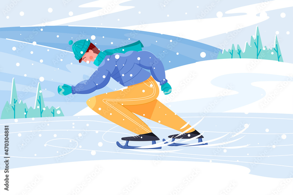 Man in warm clothes skating vector flat illustration. Sportsman training to sport competition or tournament.