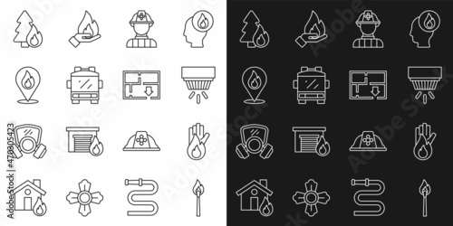Set line Burning match with fire, No, Smoke alarm system, Firefighter, truck, Location flame, forest tree and Evacuation plan icon. Vector