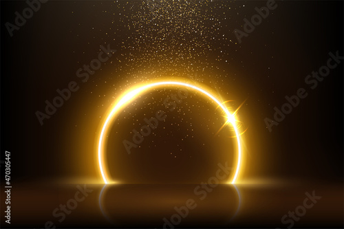 Gold round neon circle frame and magic falling particles, abstract electric ring