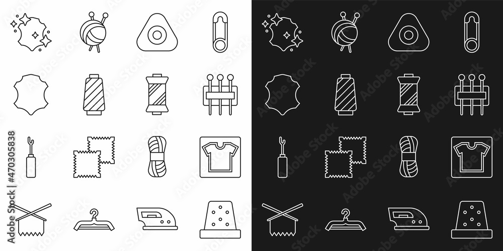 Set line Thimble for sewing, Sewing pattern, Needle, chalk, thread on spool, Leather, and icon. Vector
