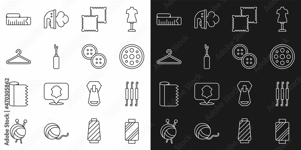 Set line Sewing thread on spool, Crochet hook, button, Textile fabric roll, Awl tool, Hanger wardrobe, Tape measure and icon. Vector Set line Sewing thread on spool, Crochet hook, button, Textile fabric roll, Awl tool, Hanger wardrobe, Tape measure and icon. Vector