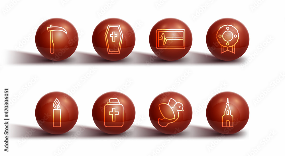 Set line Scythe, Burning candle, Memorial wreath, Dove, Funeral, Coffin with cross, Church building and Beat dead monitor icon. Vector Set line Scythe, Burning candle, Memorial wreath, Dove, Funeral, Coffin with cross, Church building and Beat dead monitor icon. Vector
