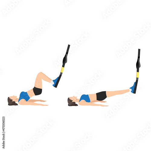 Woman doing TRX Suspension strap hamstring. Leg curls exercise. Flat vector illustration isolated on white background