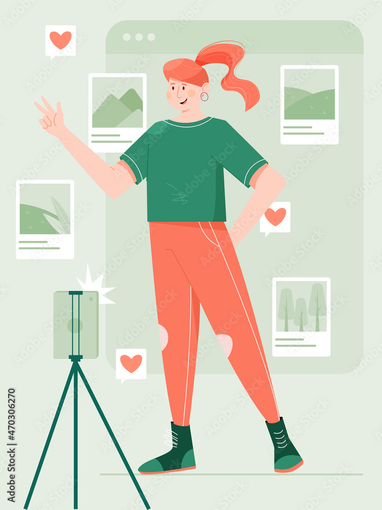 Woman takes pictures or make video blog vector flat cartoon illustration. Girl shooting photos and videos for social media.