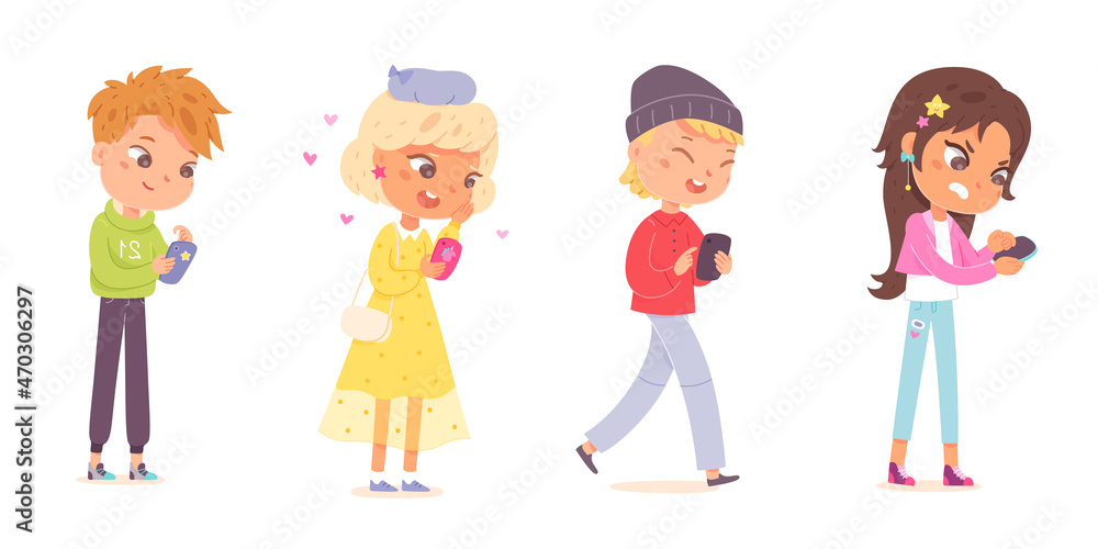 Kids with mobile phones, hold telephone in hands, girls and boys use smartphone for chat Kids with mobile phones, hold telephone in hands, girls and boys use smartphone for chat