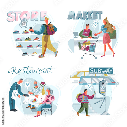 Cashless payment set, people pay using mobile phone for shopping, ordering, travel