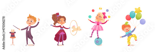 Circus kid character, boy girl child performing show set, juggler acrobat clown magician