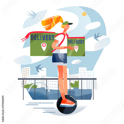 Delivery fast service, girl courier riding electric unicycle, woman holding container box