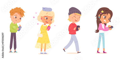 Kids with mobile phones, hold telephone in hands, girls and boys use smartphone for chat