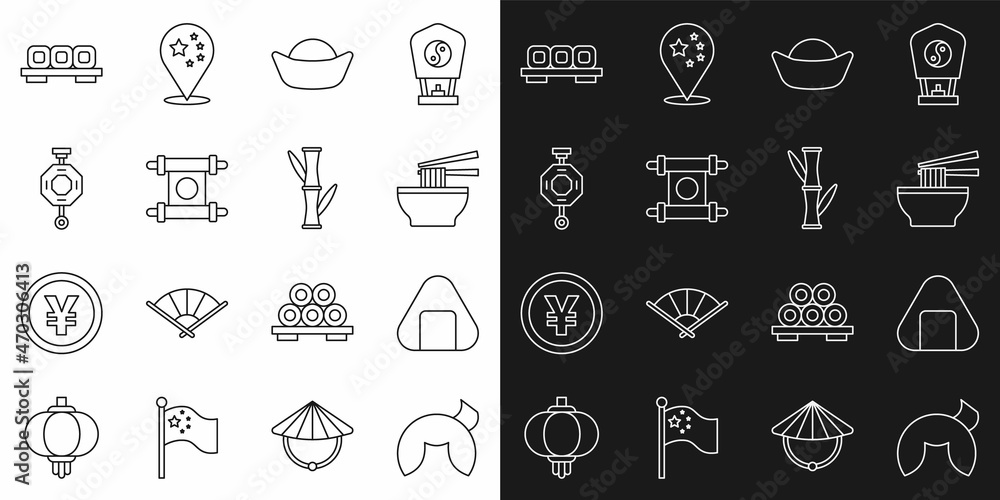 Set line Chinese fortune cookie, Sushi, Asian noodles bowl, Decree, paper, parchment, scroll, lantern, on cutting board and Bamboo icon. Vector