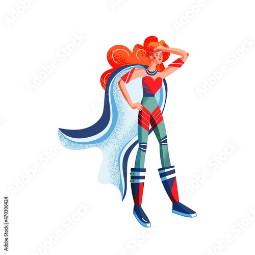 Female superhero in costume thinking. Superwoman with cape vector illustration. Cartoon comic woman with powers posing isolated on white background. Brave thoughtful girl standing