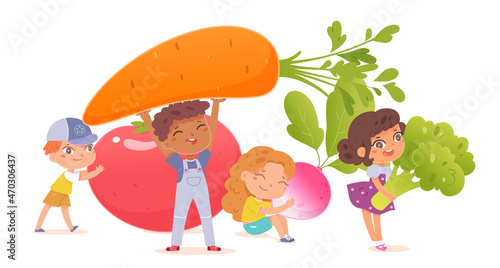 Children love to eat vegetables healthy food, child holding tomato carrot broccoli radish