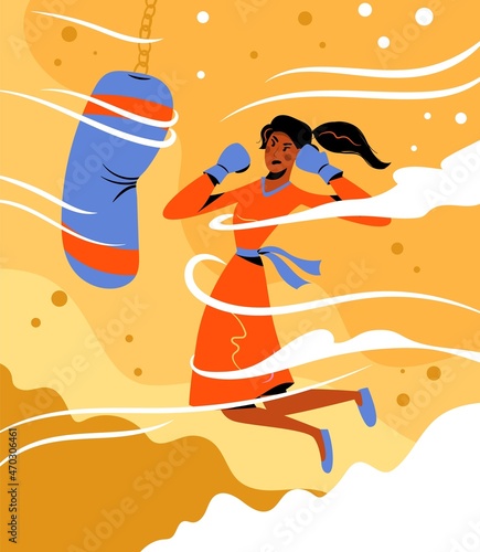 Young woman training box vector cartoon illustration. Boxer or kickboxer boxing, punching bag.