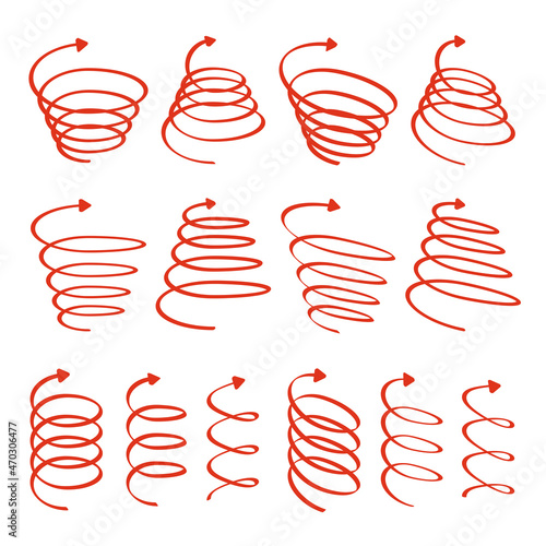 マーカーで手書き風の線のさまざまな螺旋スパイラル矢印のセット