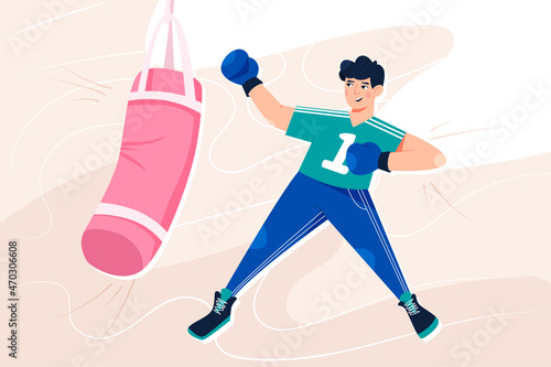 Young man training for championship, competition vector cartoon illustration. Boxer or kickboxer boxing, punching bag at the gym.
