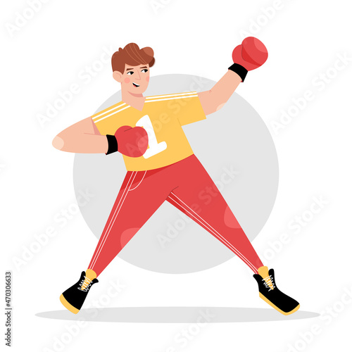 Young man training for championship, competition vector cartoon illustration. Boxer or kickboxer boxing.