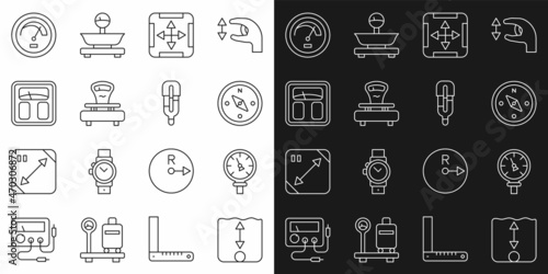 Set line Depth measurement, Pressure water meter, Compass, Area, Scales, Bathroom scales, Speedometer and Medical thermometer icon. Vector