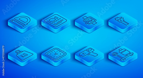 Set line Protractor and ruler, Area measurement, Smart watch, Clock, Digital thermometer, Calliper caliper scale, Weight and Scale with suitcase icon. Vector