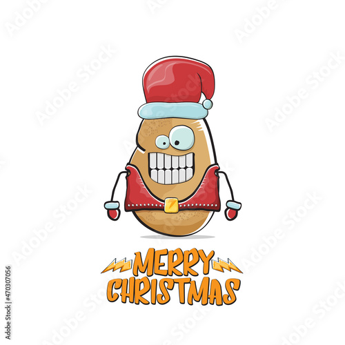 vector rock star Santa Claus potato funny cartoon cute character with red Santa hat and calligraphic merry Christmas text isolated on white background. Rock n roll funky Christmas party banner